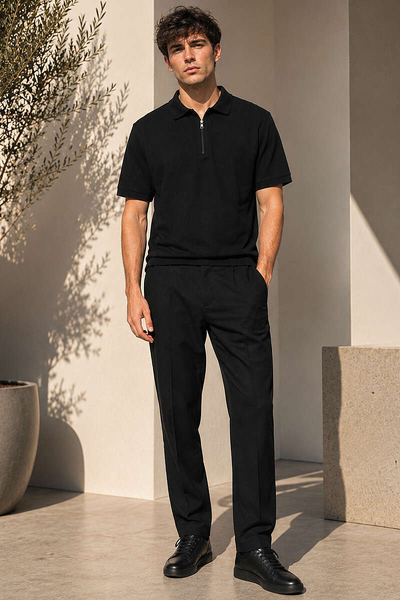 Polo Yaka Basic Fermuarlı T-shirt Siyah