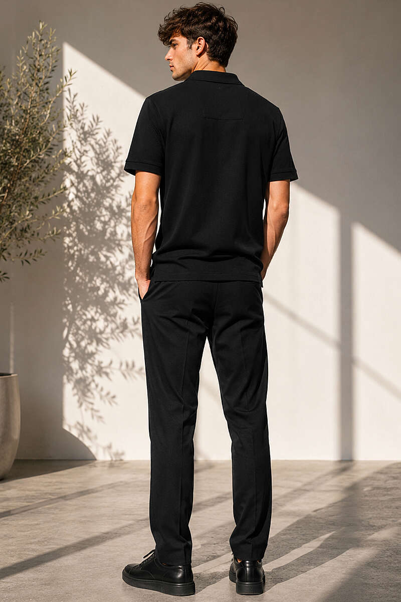 Polo Yaka Basic Fermuarlı T-shirt Siyah