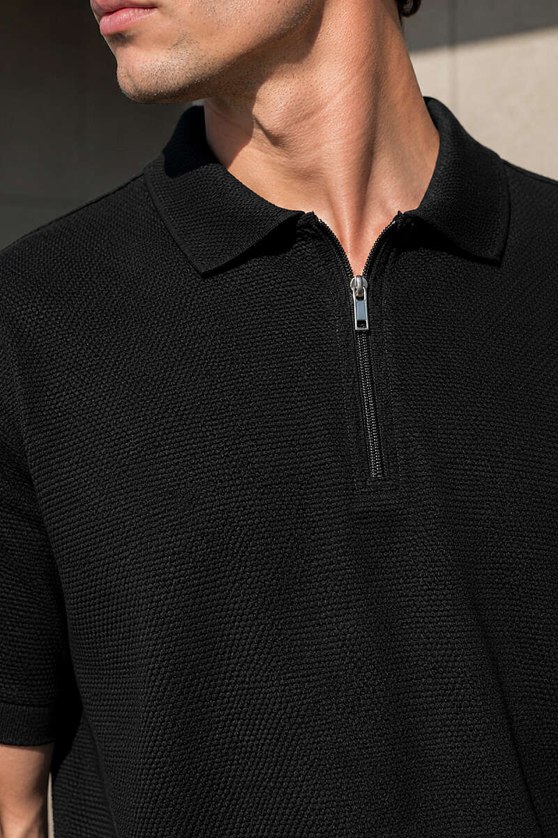 Polo Yaka Basic Fermuarlı T-shirt Siyah