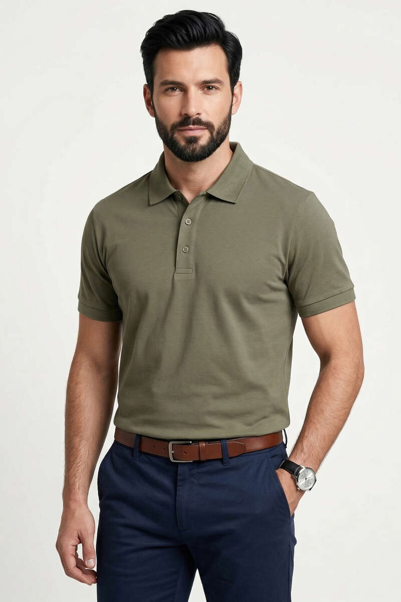 Polo Yaka Basic Tensel Erkek T-shirt Haki