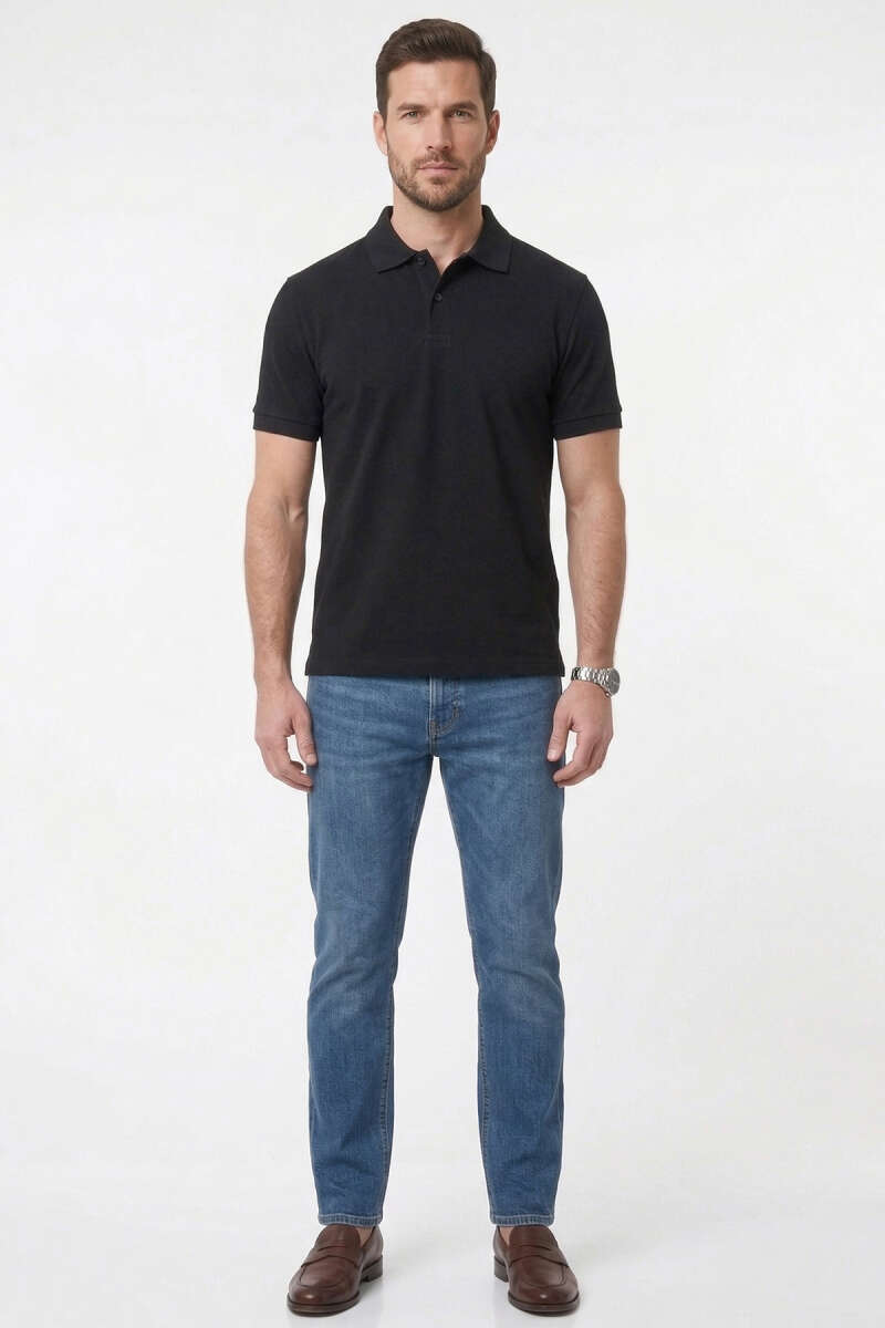 Polo Yaka Basic Tensel Erkek T-shirt Siyah