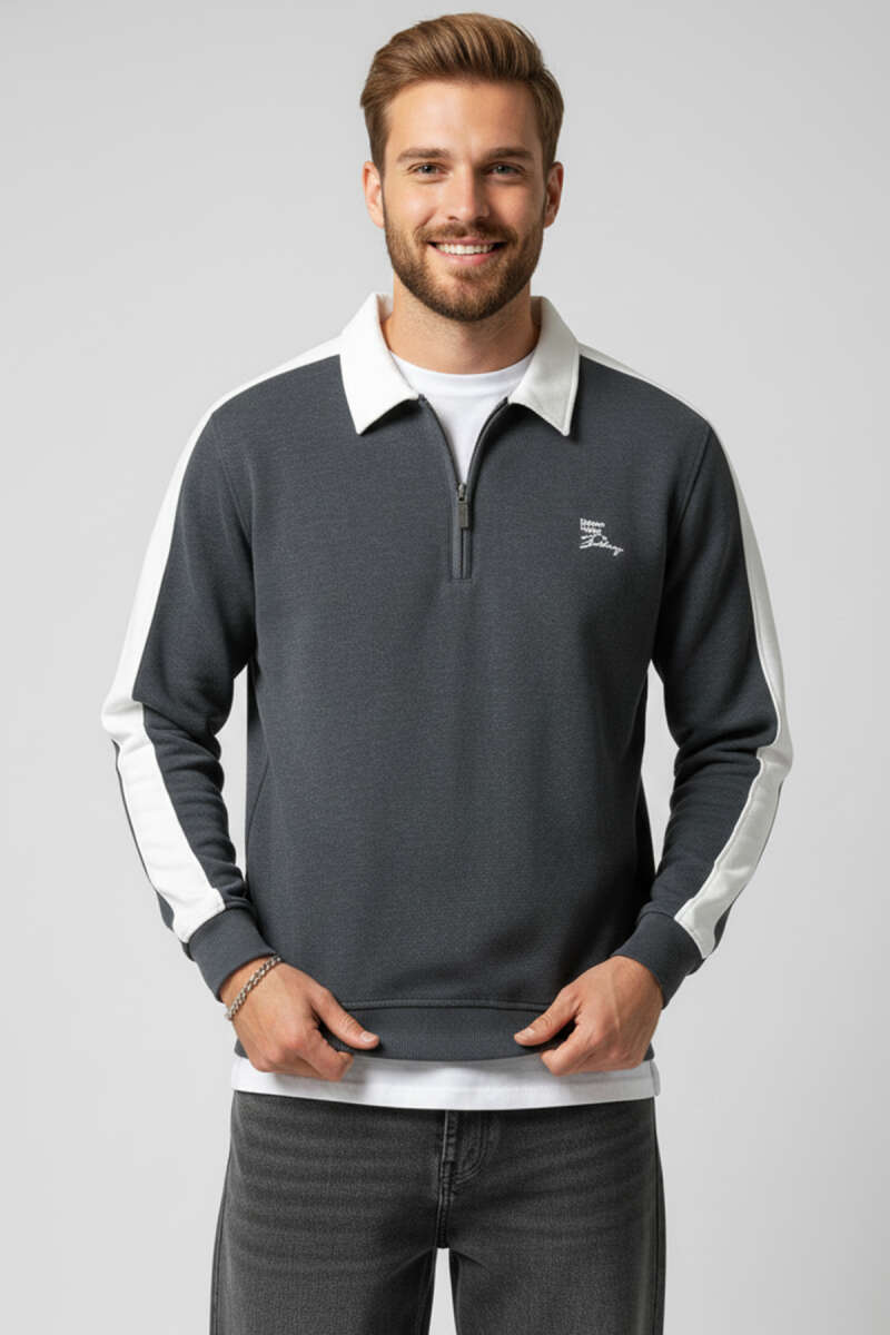 Polo Yaka Biyeli Erkek Sweatshirt