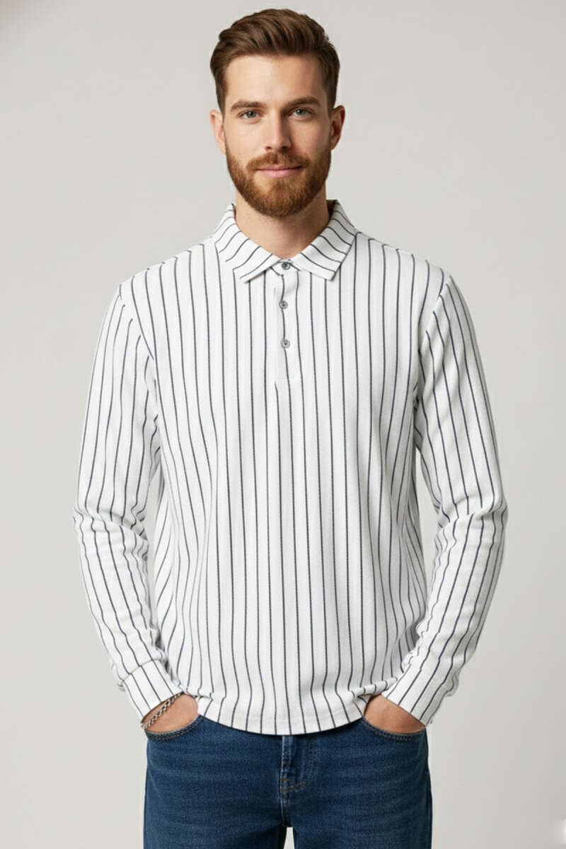 Polo Yaka Çizgili Uzun Kollu Erkek T-shirt