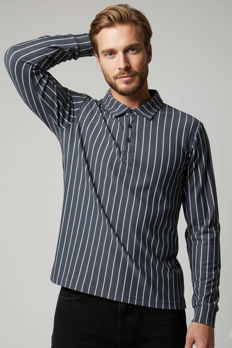 Polo Yaka Çizgili Uzun Kollu Erkek T-shirt