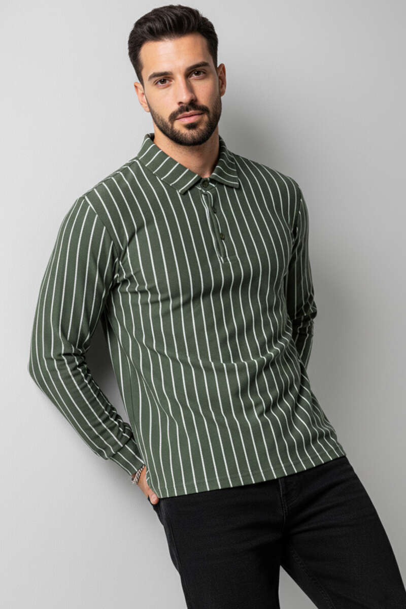 Polo Yaka Çizgili Uzun Kollu Erkek T-shirt