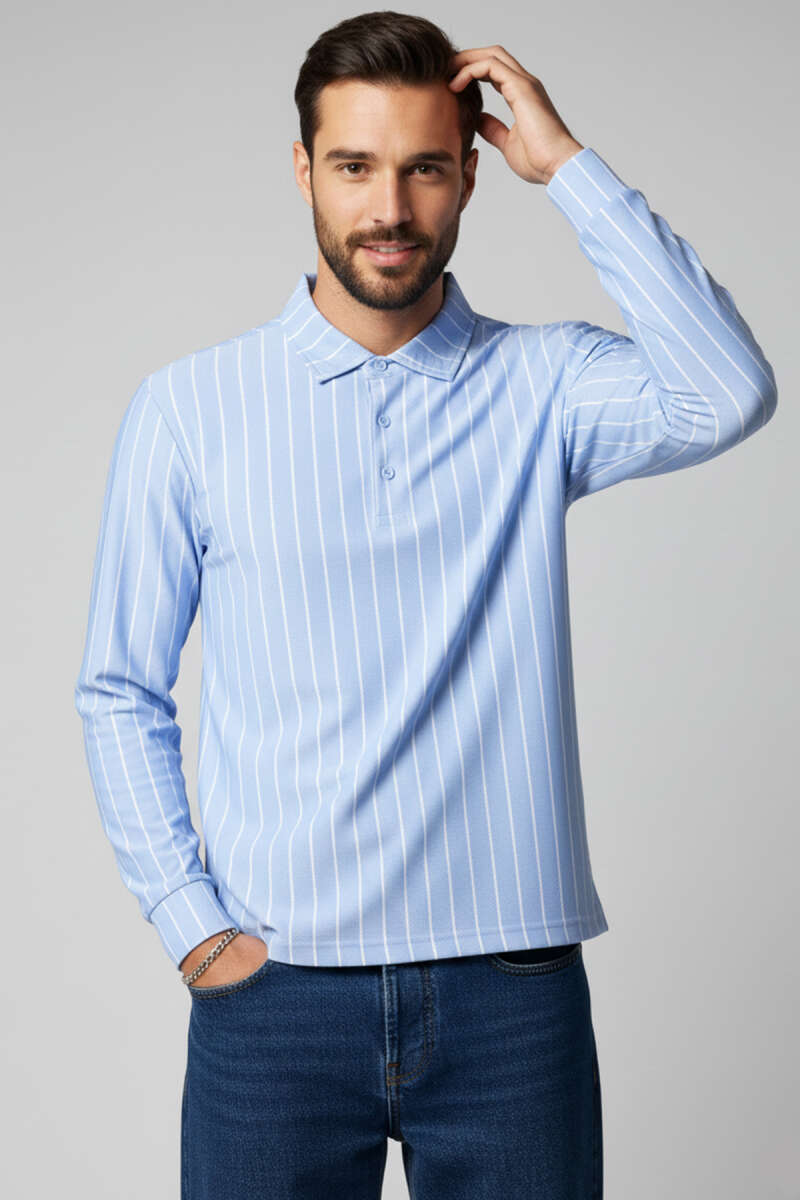 Polo Yaka Çizgili Uzun Kollu Erkek T-shirt