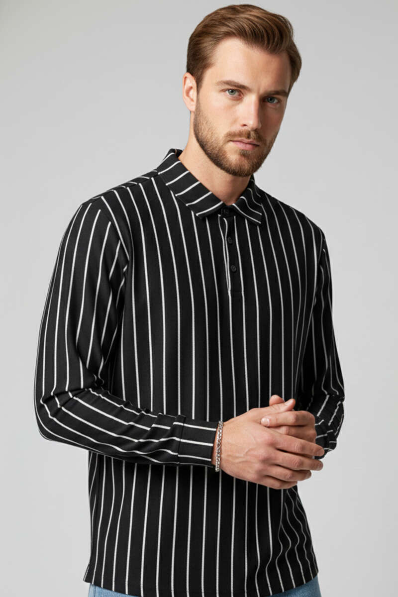 Polo Yaka Çizgili Uzun Kollu Erkek T-shirt