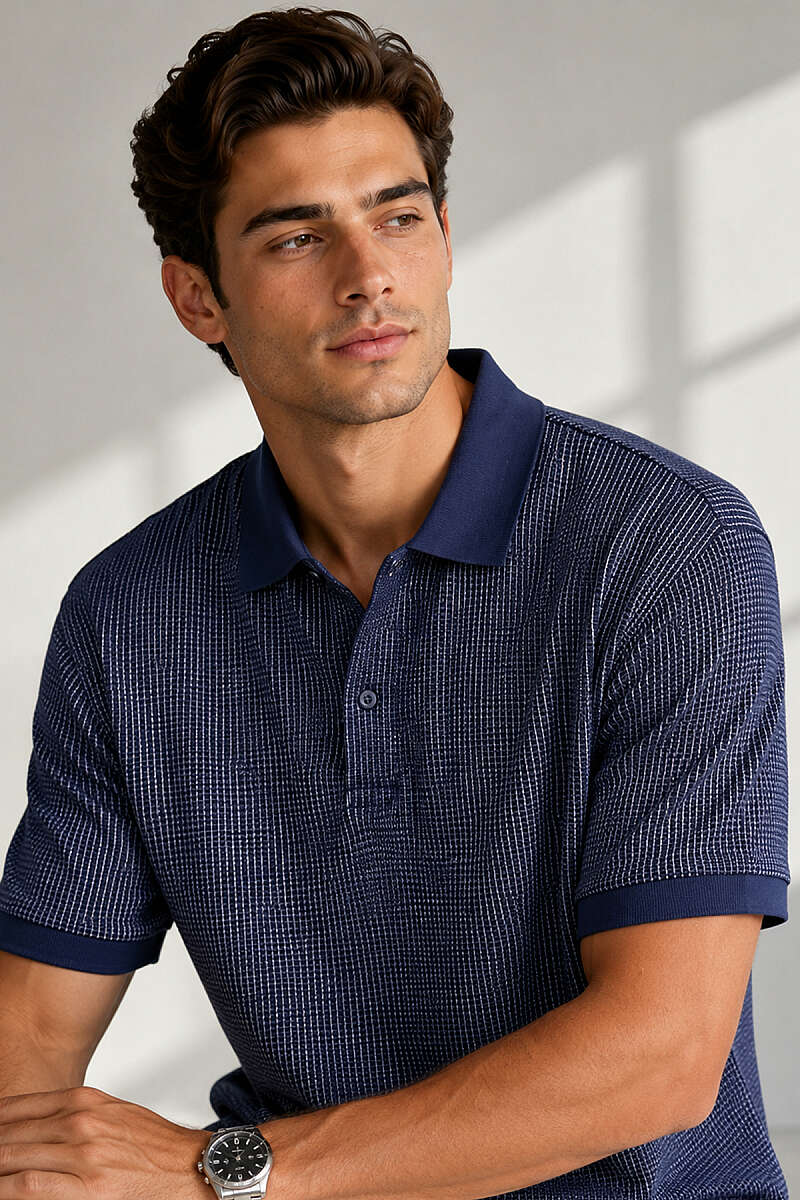 Polo Yaka Dikey Çizgili Erkek T-shirt Lacivert