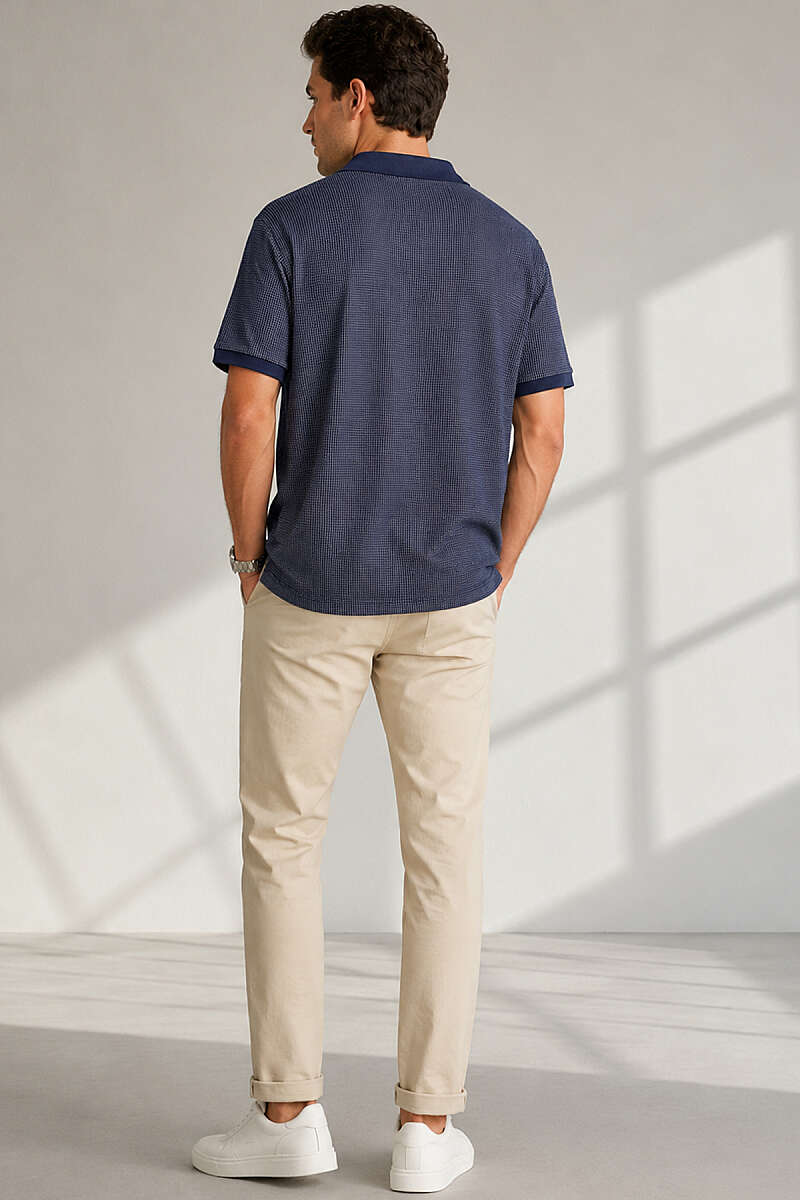 Polo Yaka Dikey Çizgili Erkek T-shirt Lacivert
