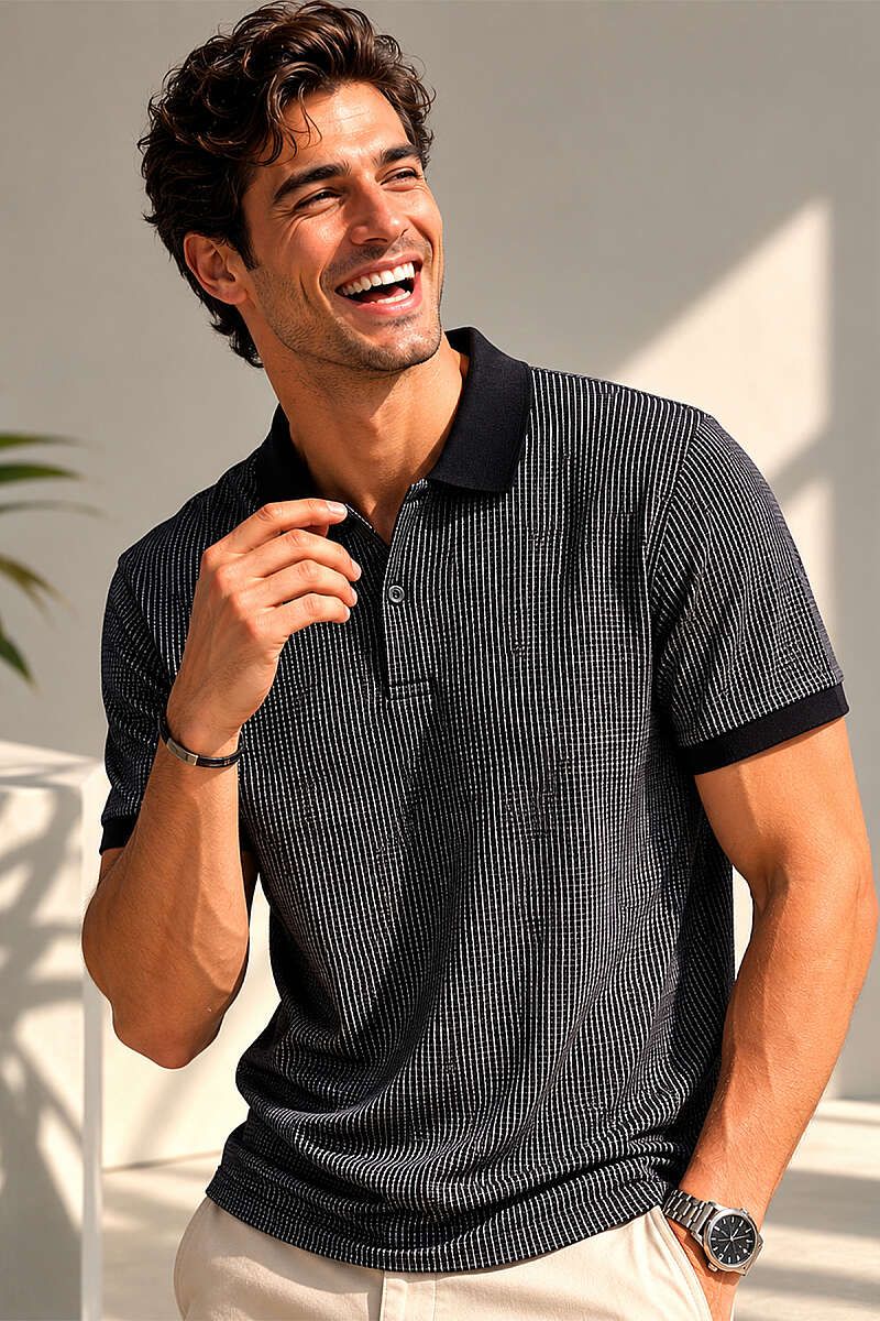 Polo Yaka Dikey Çizgili Erkek T-shirt Siyah