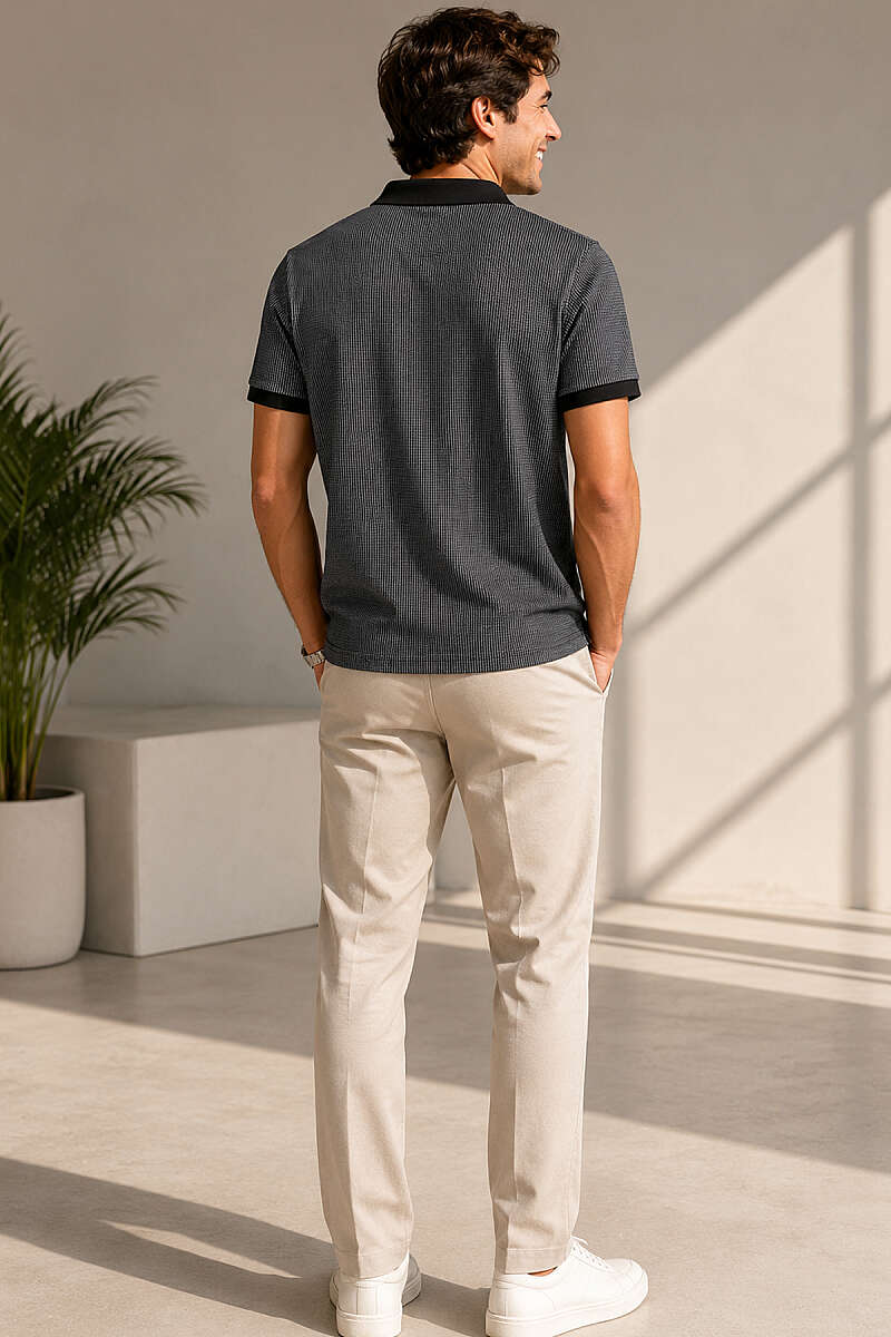 Polo Yaka Dikey Çizgili Erkek T-shirt Siyah