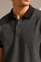 Polo Yaka Dikey Çizgili Erkek T-shirt Siyah