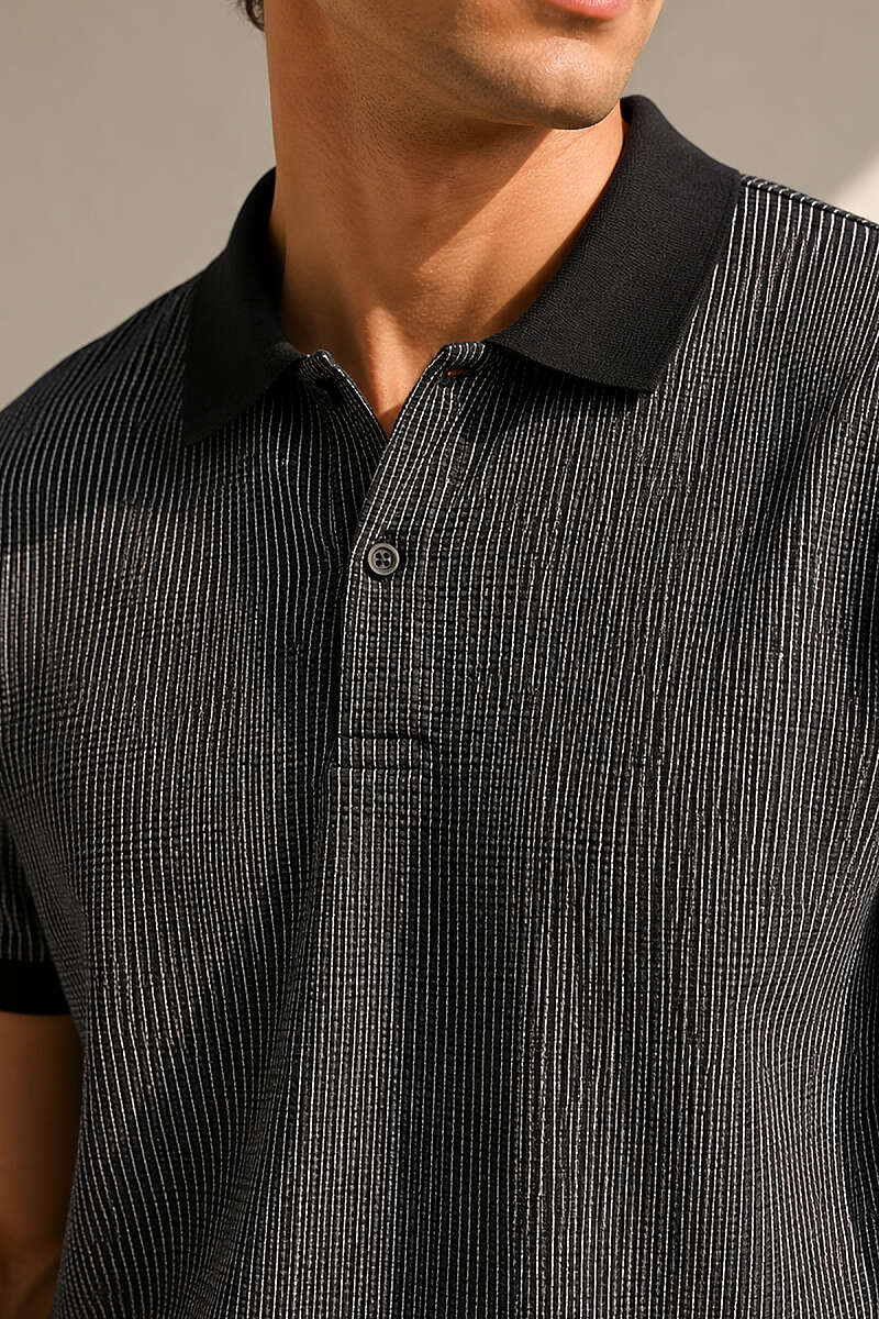 Polo Yaka Dikey Çizgili Erkek T-shirt Siyah