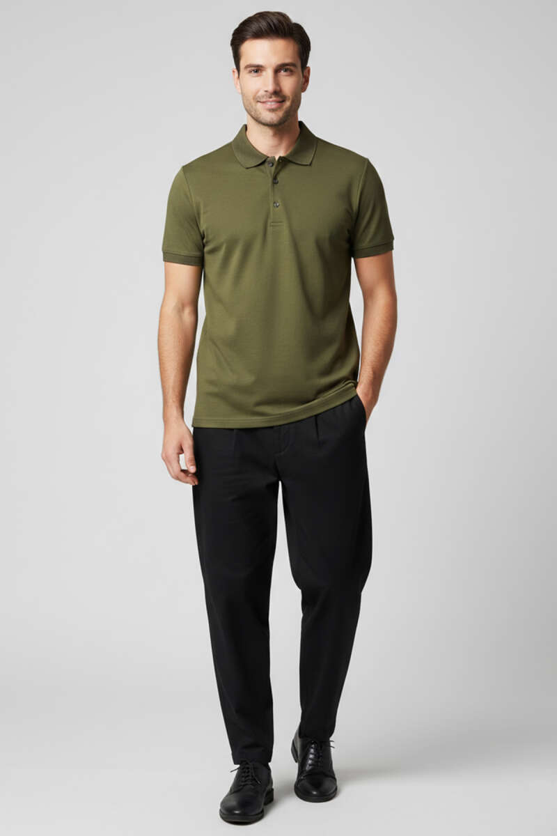 Polo Yaka Düğme Detaylı Erkek T-shirt Haki