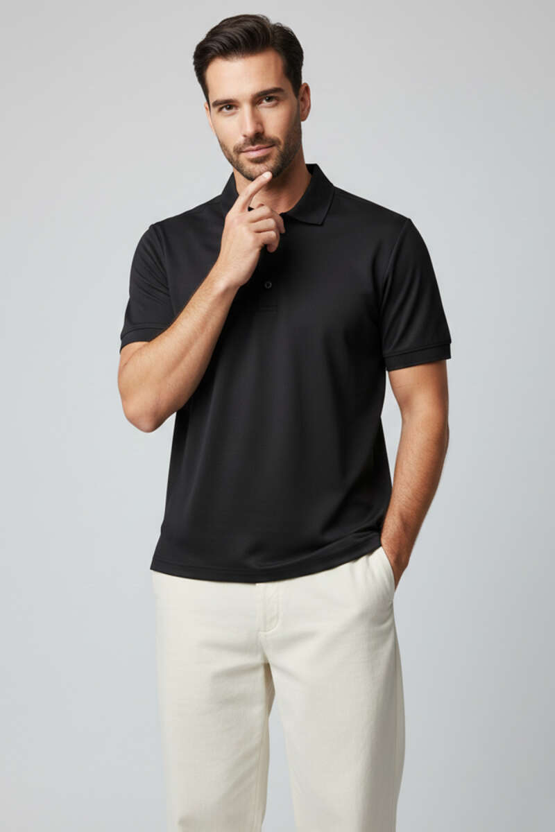 Polo Yaka Düğme Detaylı Erkek T-shirt Siyah