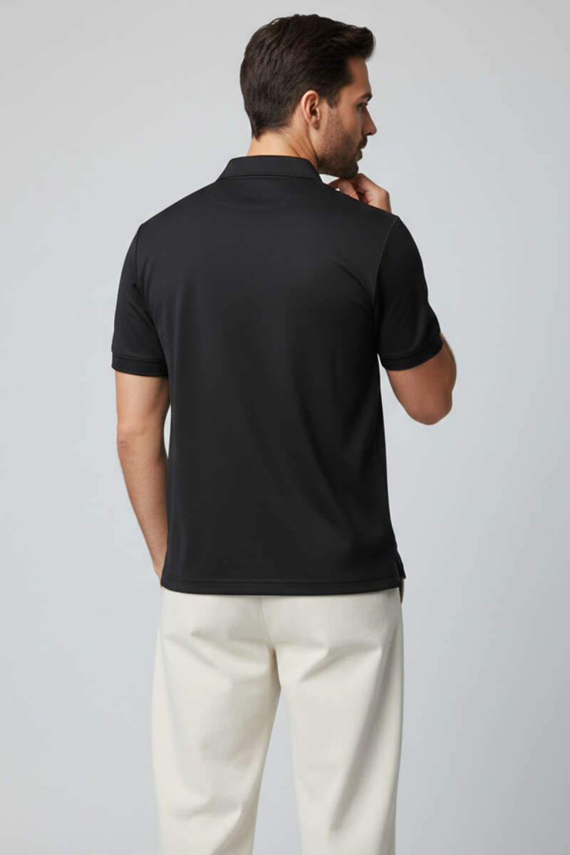 Polo Yaka Düğme Detaylı Erkek T-shirt Siyah