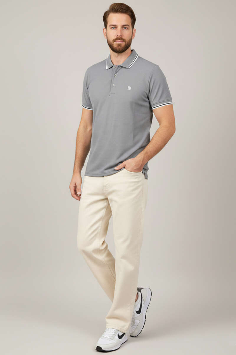 Polo Yaka Düğmeli Arma Detaylı Erkek T-shirt Gri