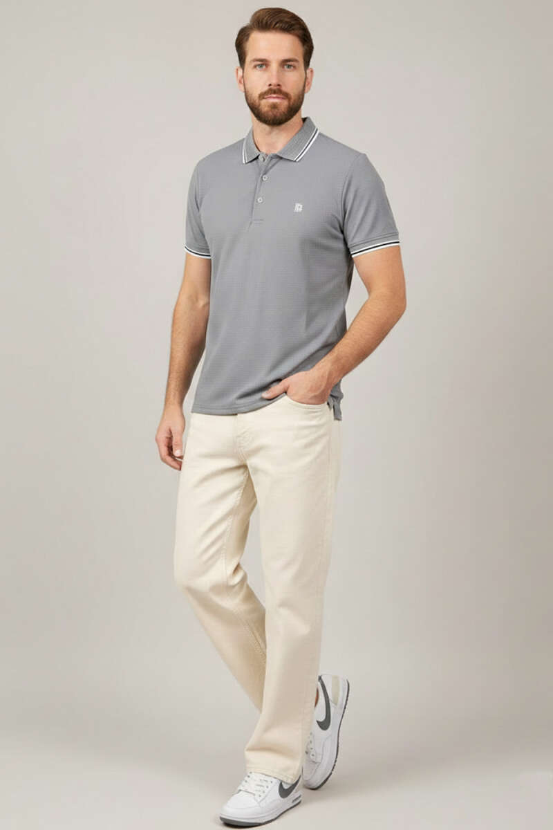 Polo Yaka Düğmeli Arma Detaylı Erkek T-shirt Gri