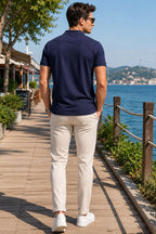 Polo Yaka Düğmeli Armalı Erkek T-shirt Marin