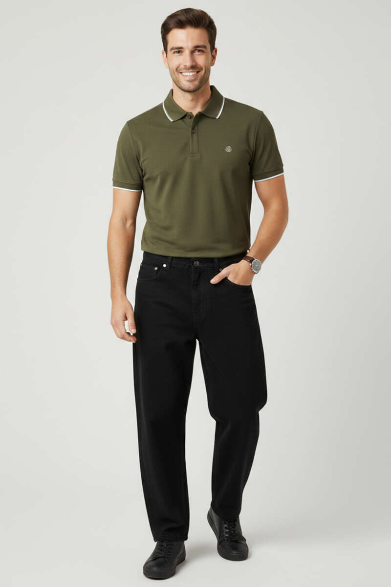 Polo Yaka Düğmeli Basic Erkek T-shirt Haki