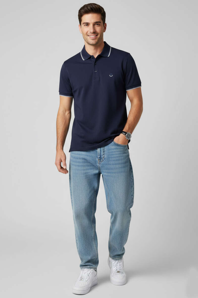 Polo Yaka Düğmeli Basic Erkek T-shirt Lacivert