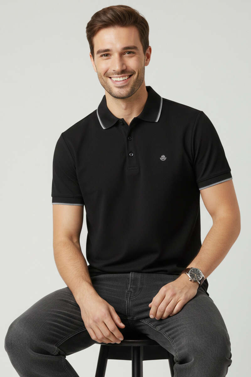 Polo Yaka Düğmeli Basic Erkek T-shirt Siyah