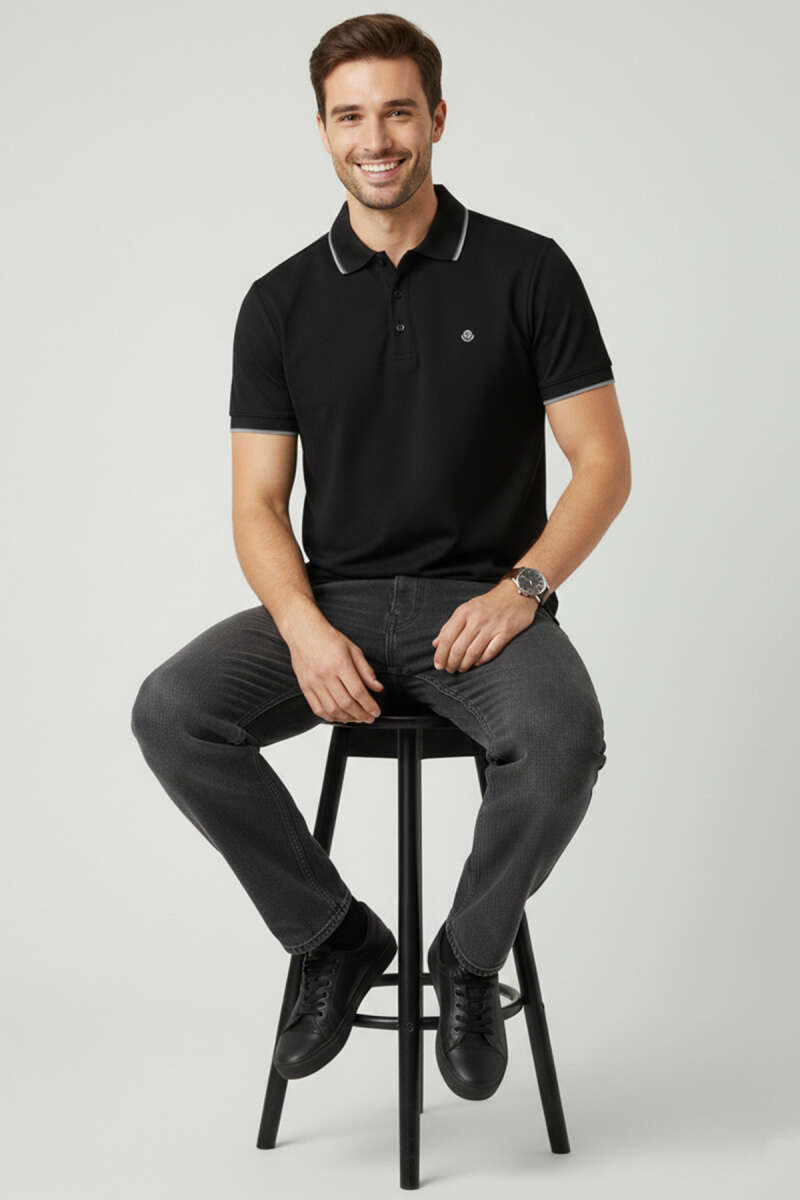 Polo Yaka Düğmeli Basic Erkek T-shirt Siyah
