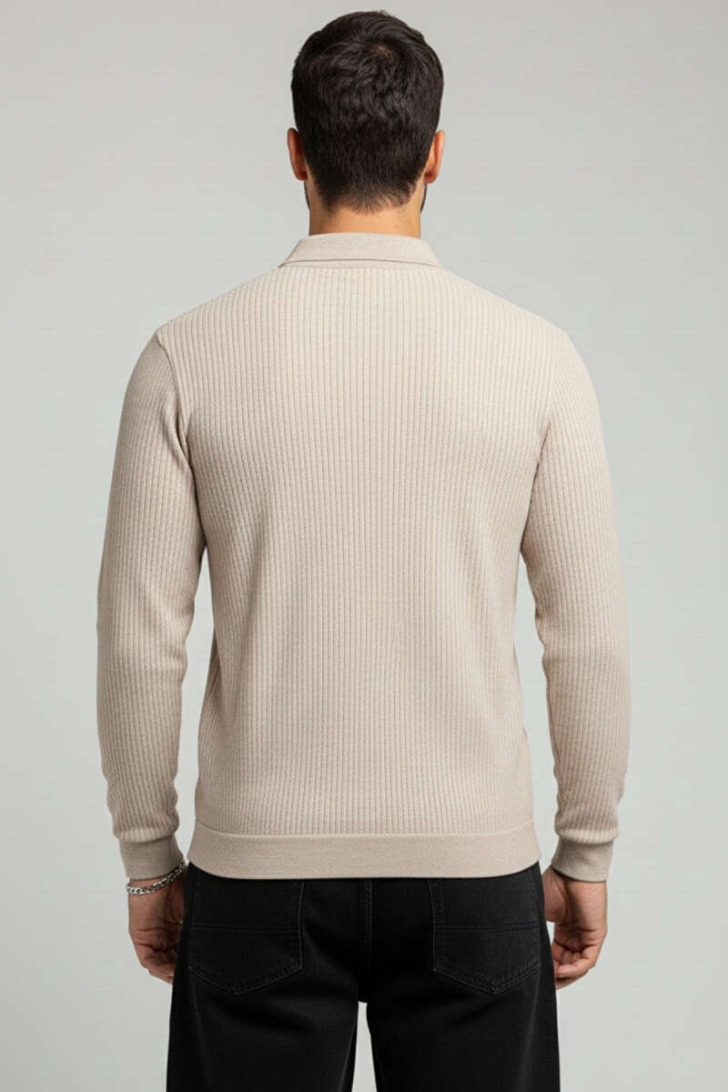 Polo Yaka Düğmeli Çizgili Sweatshirt