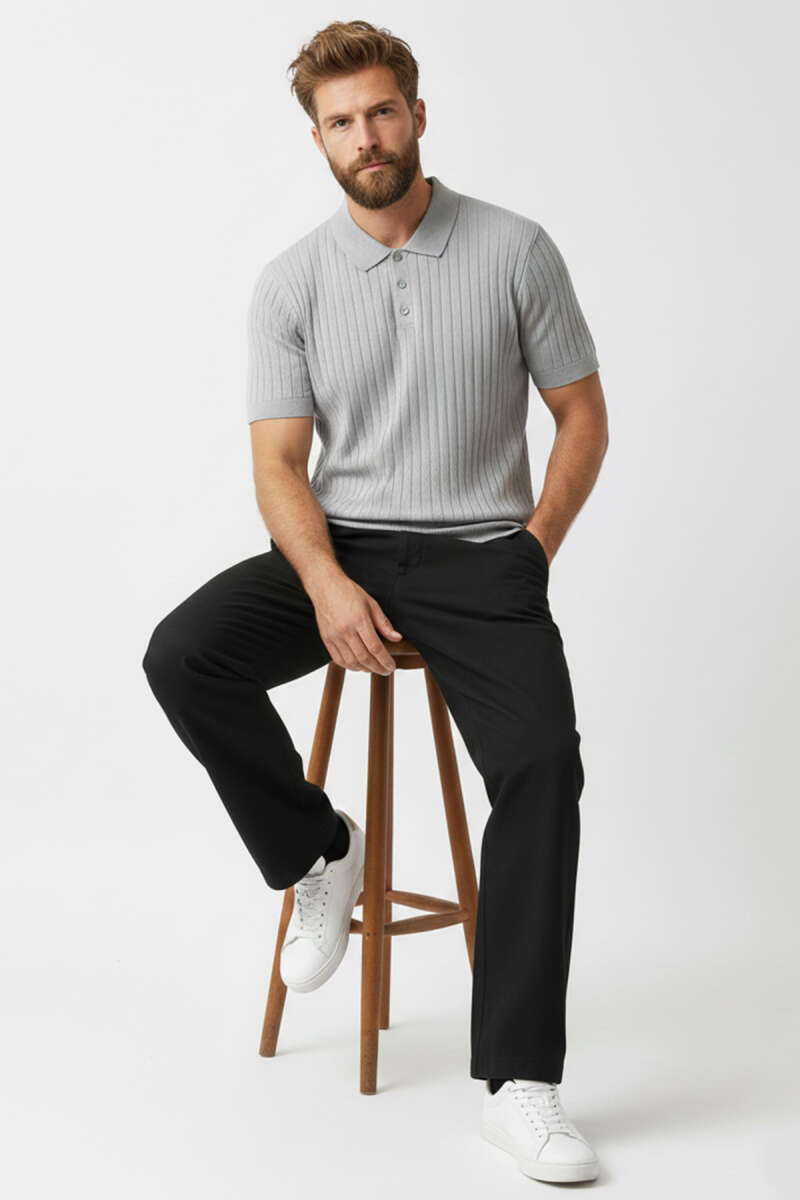 Polo Yaka Düğmeli Merserize T-shirt Gri