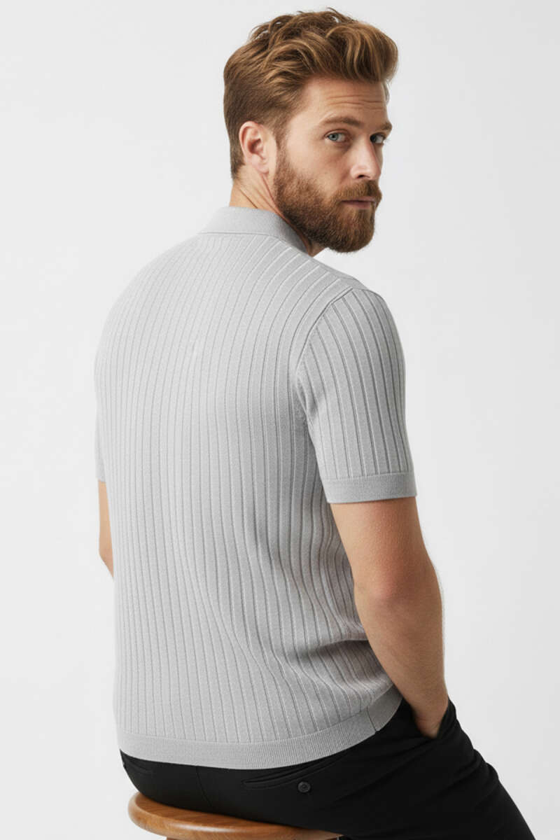 Polo Yaka Düğmeli Merserize T-shirt Gri
