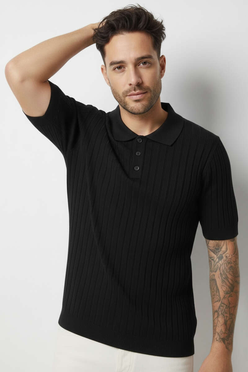 Polo Yaka Düğmeli Merserize T-shirt Siyah