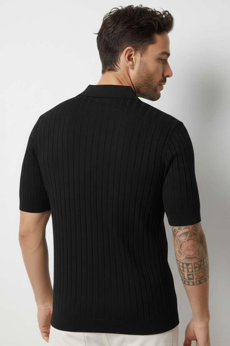 Polo Yaka Düğmeli Merserize T-shirt Siyah