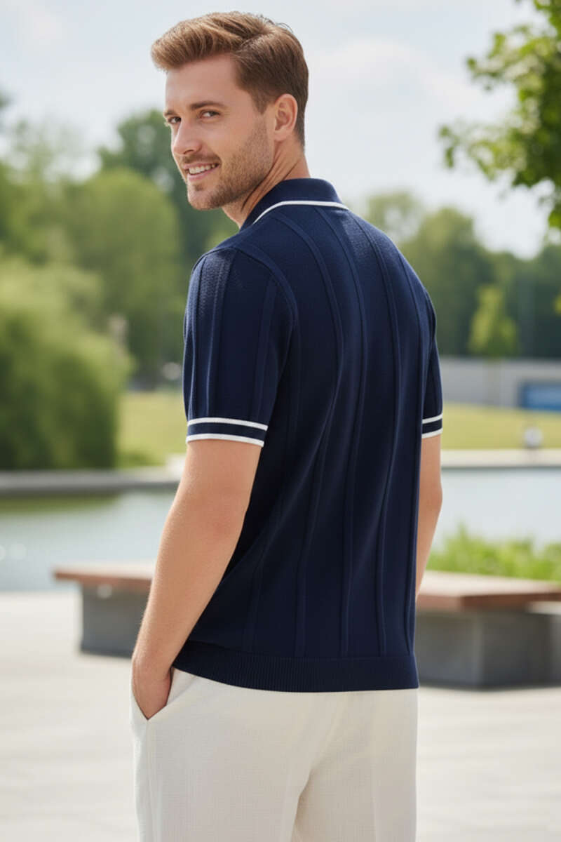 Polo Yaka Düğmeli Örme Erkek T-shirt Lacivert