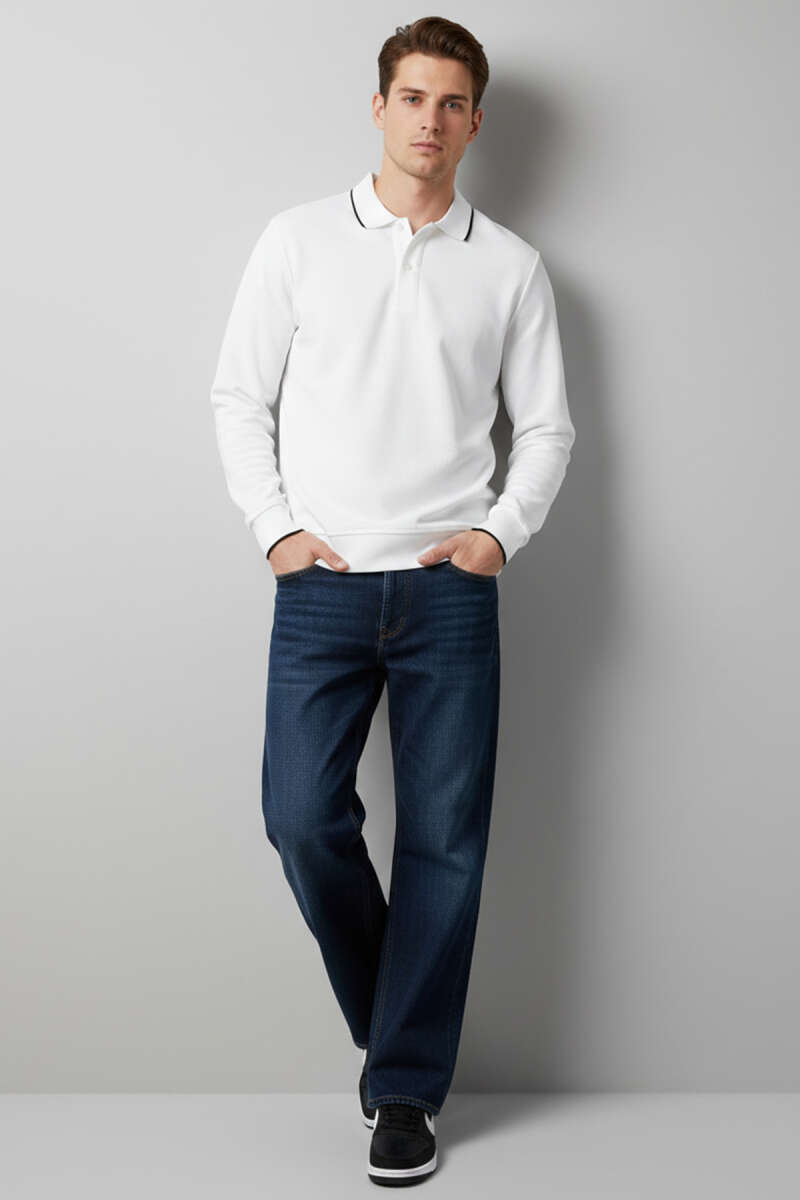 Polo Yaka Düğmeli Uzun Kol Sweatshirt
