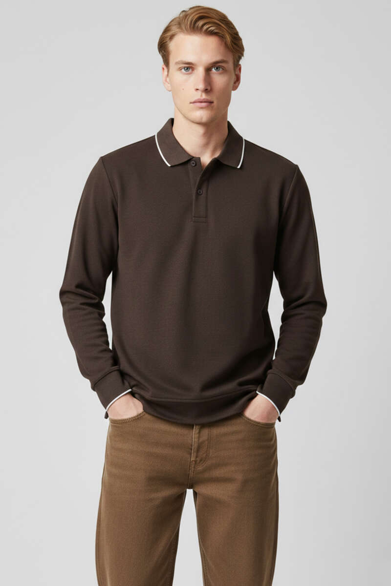 Polo Yaka Düğmeli Uzun Kol Sweatshirt