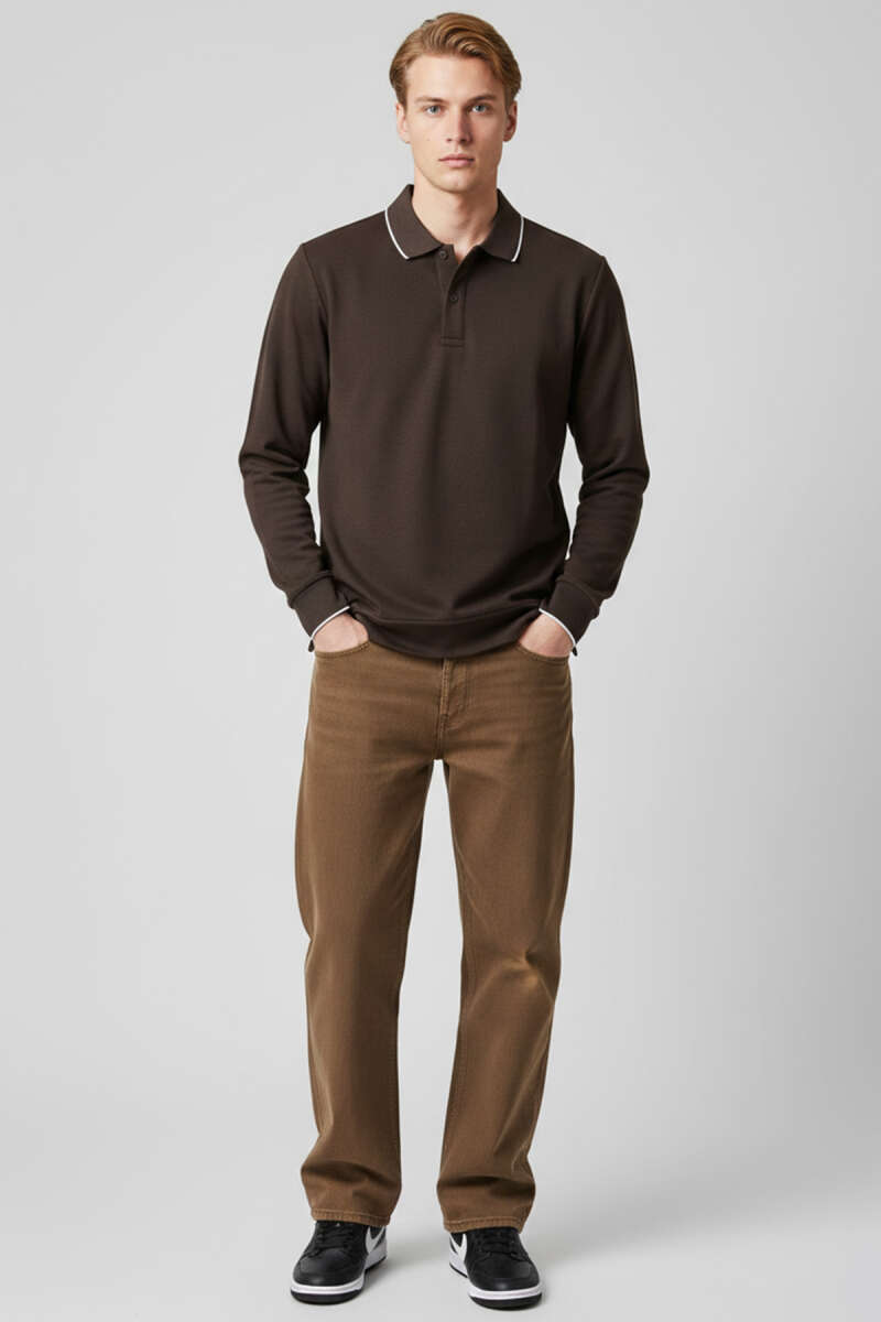 Polo Yaka Düğmeli Uzun Kol Sweatshirt