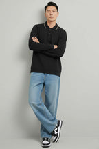 Polo Yaka Düğmeli Uzun Kol Sweatshirt Siyah