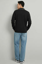 Polo Yaka Düğmeli Uzun Kol Sweatshirt Siyah