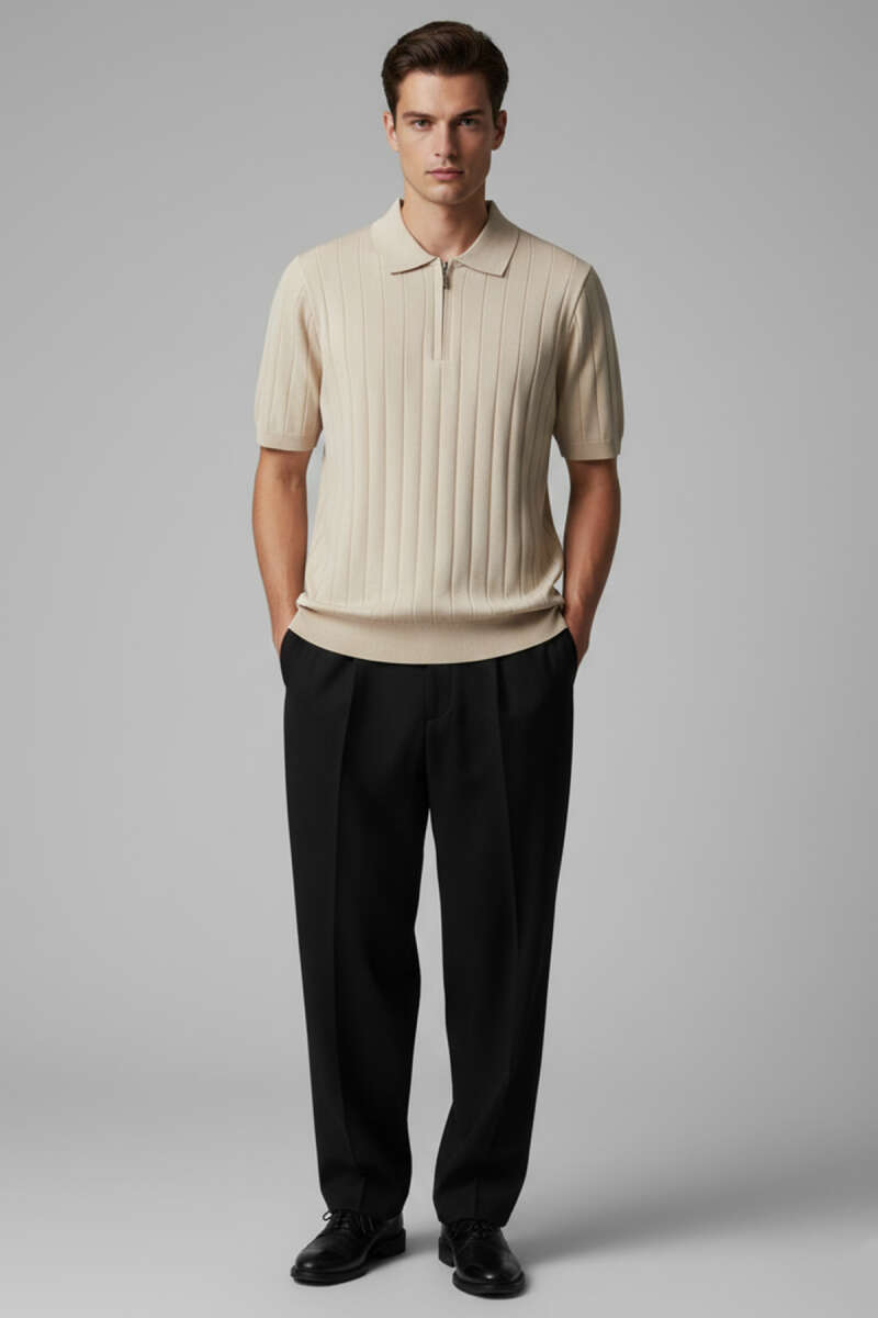 Polo Yaka Fermuar Detaylı Merserize T-shirt