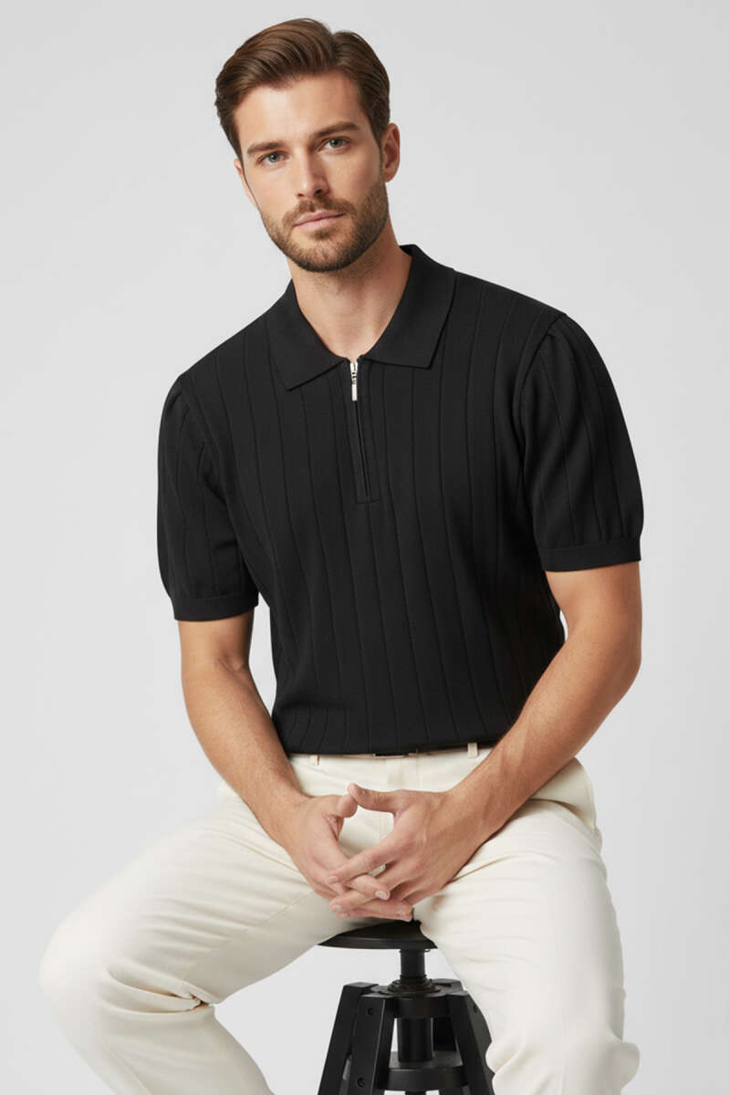 Polo Yaka Fermuar Detaylı Merserize T-shirt Siyah