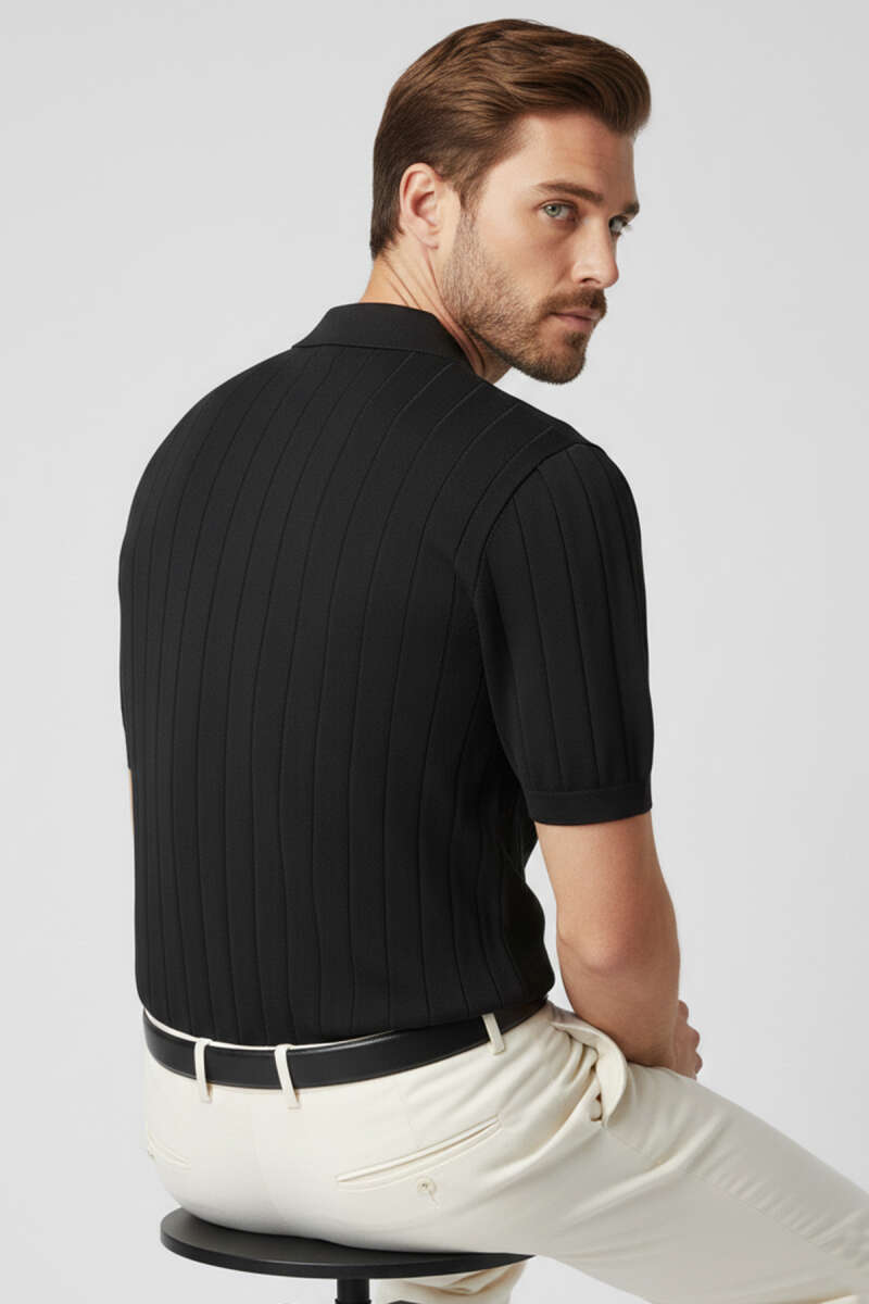 Polo Yaka Fermuar Detaylı Merserize T-shirt Siyah