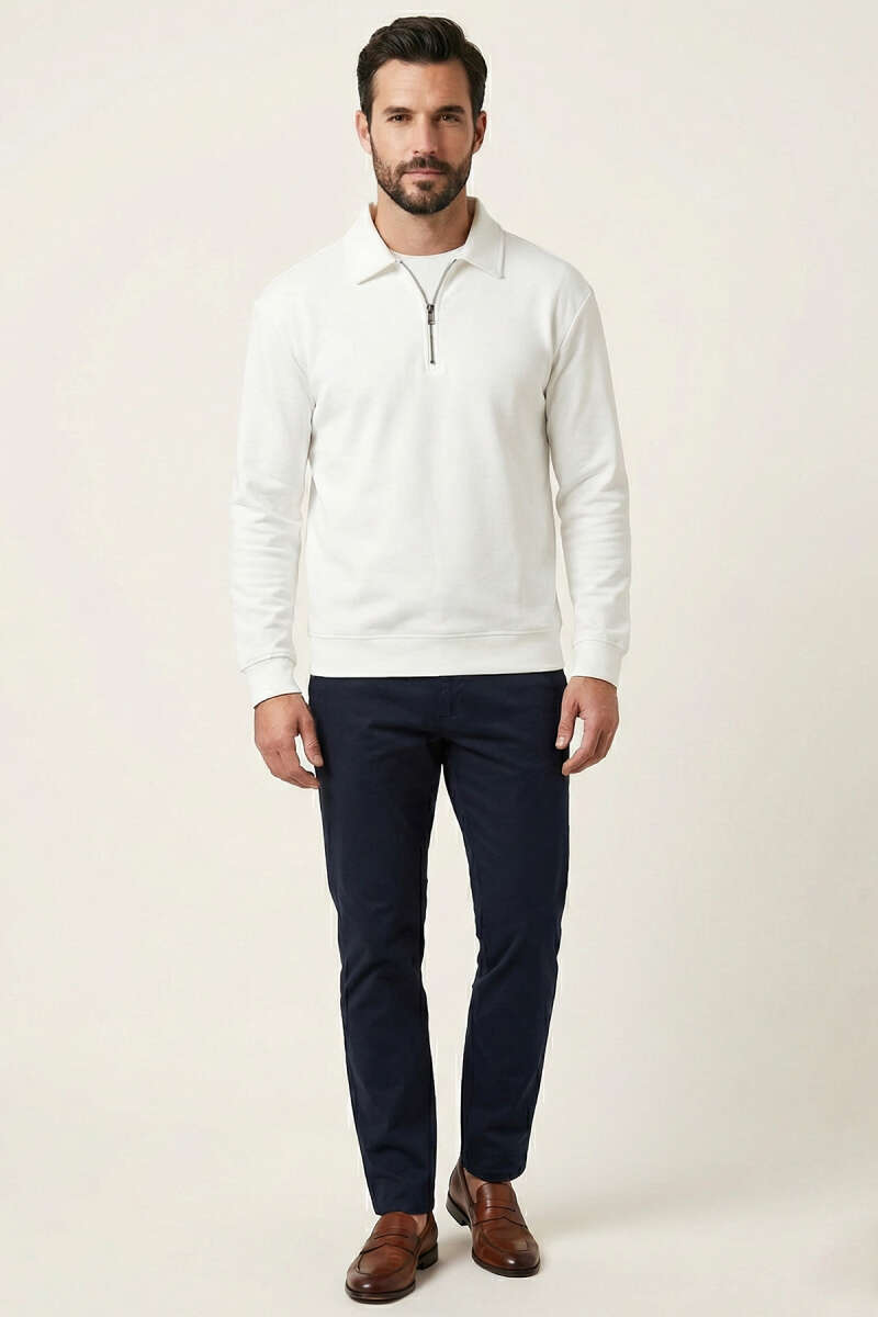 Polo Yaka Fermuarlı Basic Erkek Sweatshirt