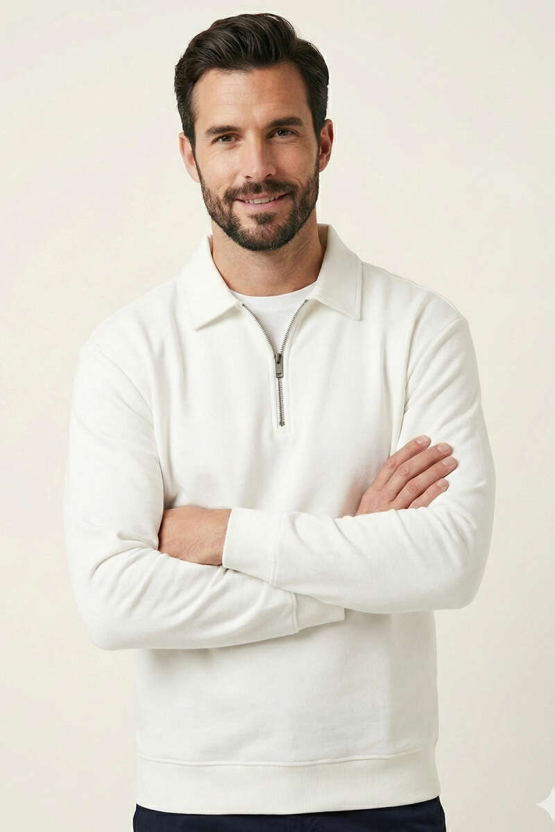Polo Yaka Fermuarlı Basic Erkek Sweatshirt