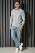 Polo Yaka Fermuarlı Basic Erkek Sweatshirt Gri