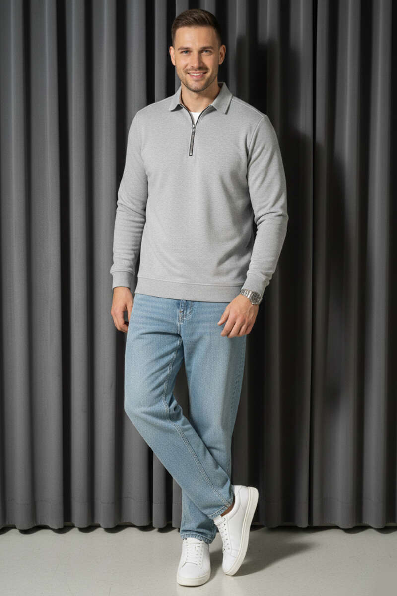 Polo Yaka Fermuarlı Basic Erkek Sweatshirt Gri