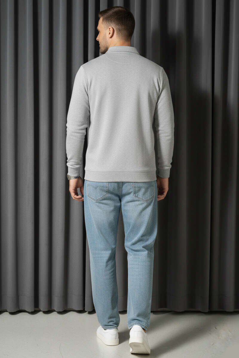 Polo Yaka Fermuarlı Basic Erkek Sweatshirt Gri
