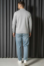Polo Yaka Fermuarlı Basic Erkek Sweatshirt Gri