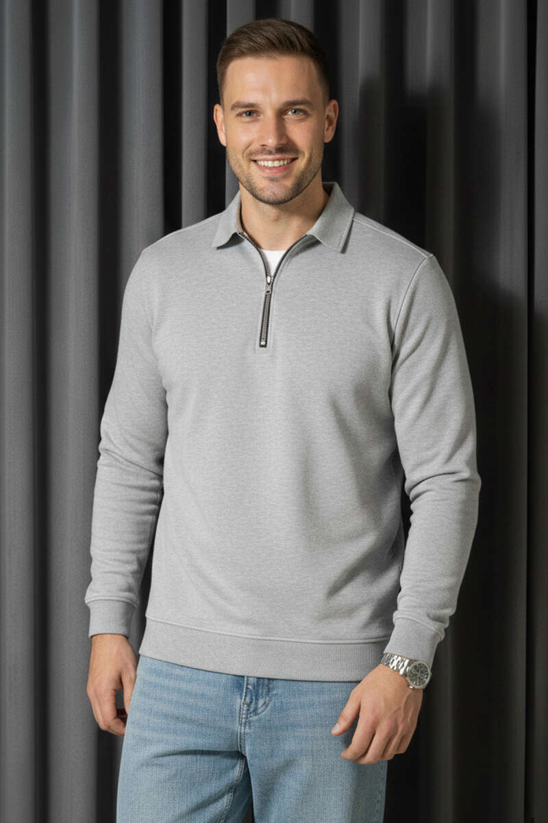 Polo Yaka Fermuarlı Basic Erkek Sweatshirt Gri