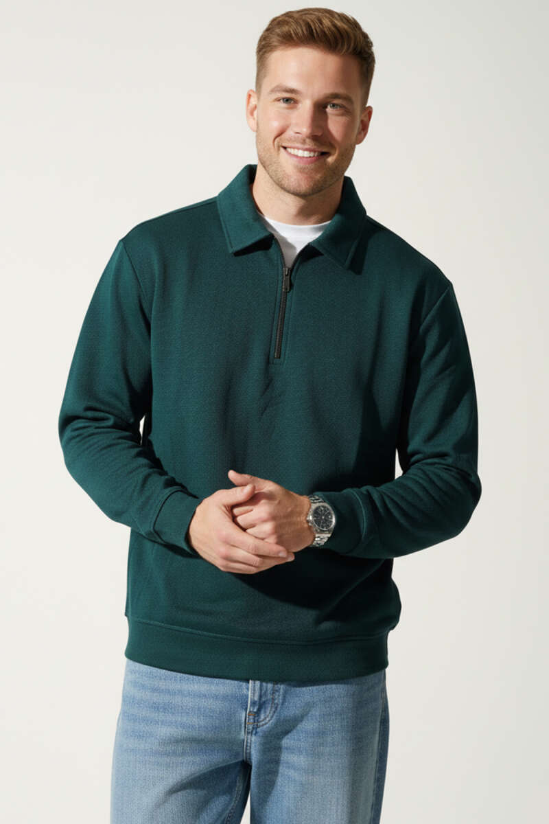 Polo Yaka Fermuarlı Basic Erkek Sweatshirt Nefti