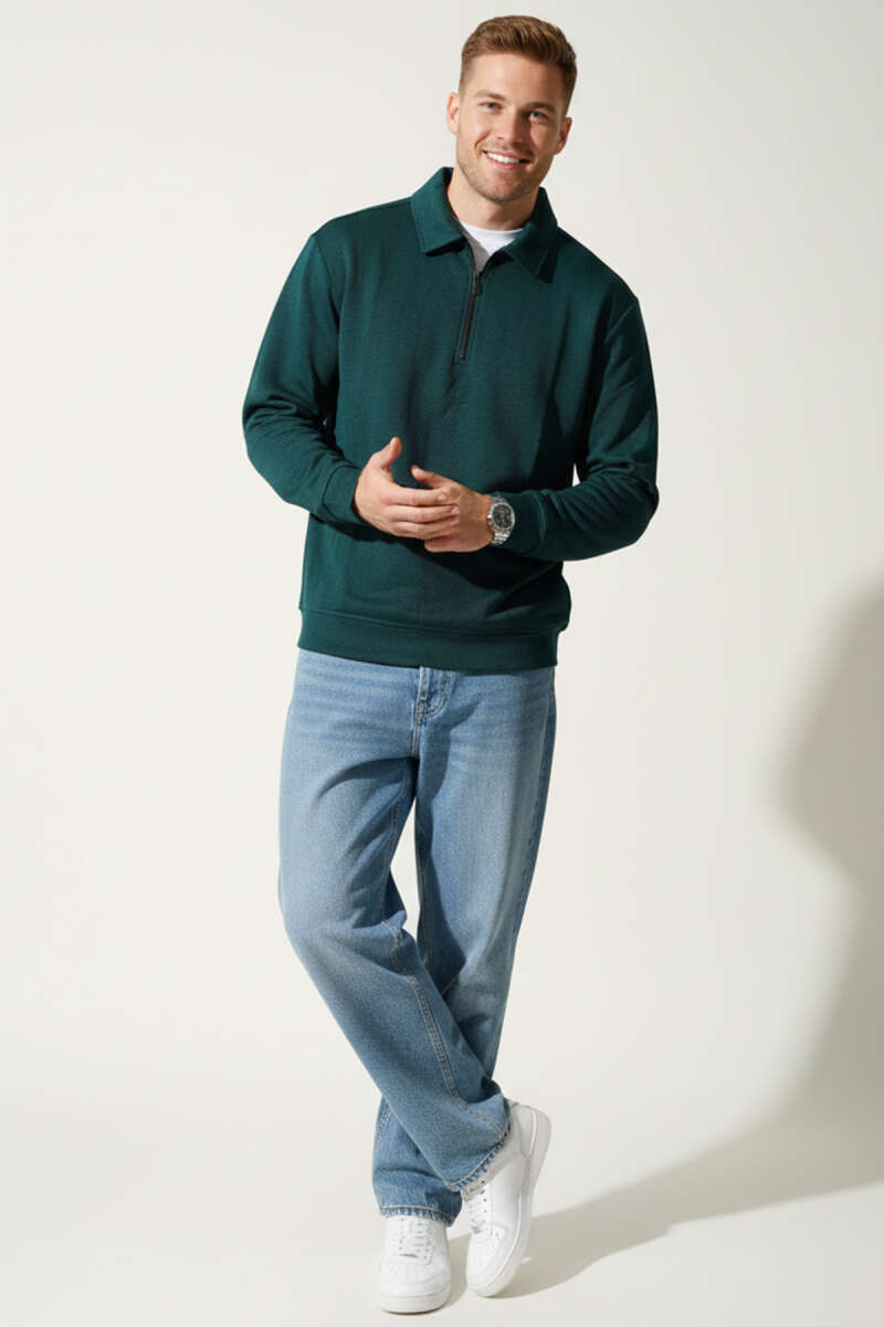 Polo Yaka Fermuarlı Basic Erkek Sweatshirt Nefti